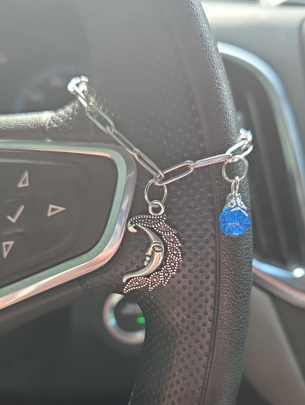 Hand Crafted Silver Moon Steering Wheel Charm Silver Chain Blue Crystal Charm